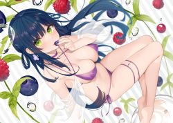 Rule 34 | 1girl, armpits, bare arms, bare legs, bare shoulders, barefoot, bekotarou, bikini, blurry, breasts, bubble, choker, cleavage, criss-cross halter, earrings, floating hair, food, fruit, grapes, green eyes, hair rings, halterneck, halterneck, highres, holding, jewelry, large breasts, long hair, looking at viewer, navel, original, parted lips, plant, purple bikini, purple choker, raspberry, shawl, side-tie bikini bottom, sidelocks, skindentation, solo, stomach, string bikini, swimsuit, thigh strap, thighs, very long hair