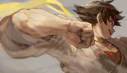 Rule 34 | 1girl, brown eyes, brown hair, burari, choker, clenched hand, commentary request, dougi, fighting stance, foreshortening, glaring, headband, makoto (street fighter), muscular, ribbon choker, scarf, short hair, solo, street fighter, tomboy