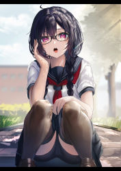 Rule 34 | 1girl, absurdres, bike shorts, black hair, black shorts, black skirt, blue sailor collar, braid, brown footwear, brown thighhighs, day, feet out of frame, glasses, hair between eyes, hair over shoulder, highres, letterboxed, long hair, looking at viewer, low twintails, neckerchief, open mouth, original, outdoors, pink eyes, red neckerchief, sailor collar, school uniform, serafuku, shirt, shoes, short shorts, short sleeves, shorts, skirt, solo, squatting, thighhighs, tongue, tongue out, tree, twin braids, twintails, white shirt, yufou