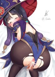 Rule 34 | 1boy, 1girl, absurdres, ass, bent over, black hair, black legwear, blush, breasts, breasts out, censored, closed eyes, clothing aside, cum, cum in pussy, elbow gloves, genshin impact, gloves, gouka, hanging breasts, hat, highres, jewelry, leotard, leotard aside, long hair, medium breasts, mona (genshin impact), nipples, cum overflow, penis, sex, sex from behind, sideboob, torn clothes, torn legwear, twintails, witch hat