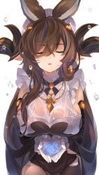 Rule 34 | 1girl, animal ears, blurry, blurry foreground, breasts, brown hair, closed eyes, cupping hands, detached sleeves, dress, extra ears, facing viewer, galleon (granblue fantasy), gloves, granblue fantasy, highres, horns, large breasts, long hair, mayusaki yuu, multicolored hair, neck ribbon, open mouth, own hands together, pelvic curtain, pointy ears, ribbon, sidelocks, sleeveless, sleeveless dress, solo, streaked hair, upper body, water, water drop, wet, wet clothes, white background, white gloves