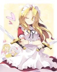 Rule 34 | &gt;:d, +++, 3girls, :d, ;), ^ ^, ahoge, alice margatroid, apron, bad id, bad twitter id, blonde hair, blush, breasts, closed eyes, dress, dual wielding, flag, gradient background, hair bobbles, hair ornament, heart, holding, looking at viewer, maid apron, maid headdress, multiple girls, one eye closed, open mouth, pom pom (cheerleading), satou kibi, shinki (touhou), side ponytail, silver hair, smile, sword, touhou, touhou (pc-98), v-shaped eyebrows, weapon, yellow eyes, yumeko (touhou), | |