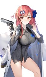 Rule 34 | 1girl, bad id, bad pixiv id, black necktie, blush, bottomless, bow, braid, breasts, cosplay, girls&#039; frontline, grey shirt, gun, hair between eyes, hair bow, hair ornament, hair ribbon, hairclip, handgun, hei d, hexagram, holding, holding gun, holding weapon, iwi jericho 941, jacket, jacket on shoulders, jericho (girls&#039; frontline), jericho (girls&#039; frontline) (cosplay), long hair, looking at viewer, necktie, negev (girls&#039; frontline), one side up, parted lips, pink hair, red bow, red eyes, ribbon, shirt, simple background, smile, solo, star of david, user pkgd2223, weapon, white background