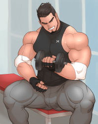 Rule 34 | 1boy, abs, bad id, bad pixiv id, bara, biceps, black hair, brown eyes, building, bulge, buzz cut, dumbbell, elbow gloves, exercising, facial hair, flexible, frown, gloves, gym, kuromine hiraya, large pectorals, male focus, manly, mature male, muscular, muscular male, one eye closed, original, pants, pectorals, shirt, short hair, sidepec, sitting, solo, spiked hair, sweat, sweatdrop, tank top, thick arms, thick eyebrows, thick thighs, thighs, tight clothes, track pants, turtleneck, veins, veiny arms, very short hair