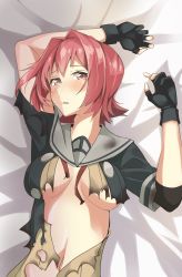 Rule 34 | 1girl, bed sheet, black gloves, blush, breasts, brown eyes, commentary request, fingerless gloves, gloves, highres, kantai collection, kinu (kancolle), kinu kai ni (kancolle), looking at viewer, lying, negahami, parted lips, red hair, school uniform, serafuku, short hair, solo, torn clothes, underboob