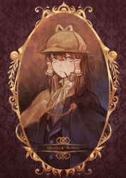 Rule 34 | 1girl, alternate costume, brown hair, calabash pipe, cape, character name, cosplay, deerstalker, expressionless, framed, hair tubes, hakurei reimu, hat, inverness cape, looking at viewer, norizc, pipe in mouth, red eyes, sepia, sherlock holmes, sherlock holmes (cosplay), short hair, sidelocks, smoking pipe, solo, the adventures of sherlock holmes, touhou, upper body, waistcoat