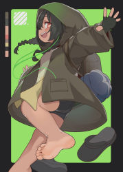 Rule 34 | 1girl, absurdres, anosillus ii, arms up, ass, backpack, bag, barefoot, bike shorts, black coat, black gloves, black hair, black shorts, braid, brown eyes, coat, dark-skinned female, dark skin, dress, feet, fingerless gloves, from side, gloves, gridman universe, highres, hood, leg up, legs, light soles, long hair, open mouth, outside border, outstretched arms, sakurami sumi, shoes, shorts, smile, soles, solo, ssss.gridman, standing, standing on one leg, thighs, toes, twin braids, twintails, unworn shoes, white dress