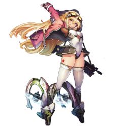 Rule 34 | 1girl, assault rifle, blonde hair, breasts, fingerless gloves, full body, game cg, gloves, goggles, goggles on head, grin, gun, hair between eyes, highres, jacket, last origin, leotard, long hair, looking at viewer, navel, official art, p-24 pinto, paintale, red eyes, rifle, skindentation, smile, solo, tachi-e, thighhighs, transparent background, weapon, white thighhighs