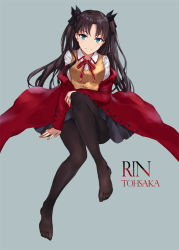 Rule 34 | 1girl, asle, black hair, black pantyhose, black ribbon, black skirt, blue eyes, breasts, brown vest, character name, closed mouth, collared shirt, commentary request, fate/stay night, fate (series), full body, grey background, hair ribbon, homurahara academy school uniform, jacket, knee up, long hair, long sleeves, looking at viewer, neck ribbon, no shoes, off shoulder, open clothes, open jacket, pantyhose, parted bangs, pleated skirt, red jacket, red ribbon, ribbon, school uniform, shirt, simple background, sitting, skirt, small breasts, smile, solo, tohsaka rin, two side up, v-shaped eyebrows, very long hair, vest, white shirt