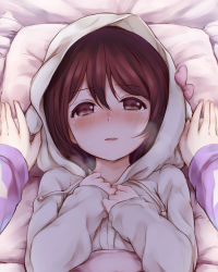 Rule 34 | 1girl, arm up, bed sheet, blanket, blush, bow, drawstring, half-closed eyes, hands on own chest, highres, hitotsuki no yagi, hood, hoodie, long sleeves, looking at viewer, love live!, love live! school idol project, lying, nose blush, on back, on bed, parted lips, pillow, pink bow, pov, purple hair, short hair, sleeves past wrists, solo focus, tearing up, tears, upper body, yazawa nico
