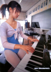Rule 34 | 1girl, ballerina, blue leotard, instrument, leotard, ogura yuuko, pantyhose, photo (medium), piano, ponytail, white pantyhose