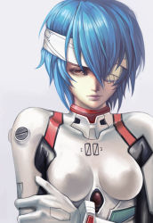 Rule 34 | 1girl, ayanami rei, bandage over one eye, bandages, blue hair, bodysuit, breasts, covered erect nipples, dantewontdie, gloves, highres, holding own arm, impossible bodysuit, impossible clothes, lips, looking at viewer, neon genesis evangelion, plugsuit, realistic, red eyes, simple background, skin tight, small breasts, solo, turtleneck, upper body, white background