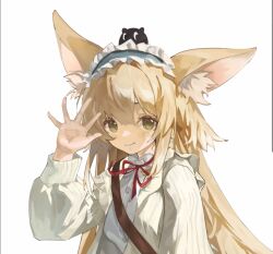 Rule 34 | 1girl, animal ear fluff, animal ears, arknights, black cat, blonde hair, blue hairband, ca zi, cardigan, cat, chinese commentary, closed mouth, commentary request, crossover, fox ears, fox girl, fox tail, frilled hairband, frills, green eyes, hairband, heixiu, long sleeves, looking at viewer, luo xiaohei zhanji, multiple tails, neck ribbon, official alternate costume, on head, open cardigan, open clothes, puffy long sleeves, puffy sleeves, red ribbon, ribbon, shirt, simple background, solo, suzuran (arknights), suzuran (spring praise) (arknights), tail, upper body, waving, white background, white cardigan, white shirt