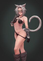 Rule 34 | 1girl, animal ears, armor, bikini, bikini bottom pull, black bikini, black gloves, boots, breasts, cat ears, cat girl, cat tail, commentary, commission, english commentary, erochi, facial mark, feet out of frame, final fantasy, final fantasy xiv, gloves, goggles, green background, grey footwear, grey hair, hand up, highres, japanese armor, light particles, medium breasts, medium hair, miqo&#039;te, parted lips, solo, swimsuit, tail, warrior of light (ff14), whisker markings