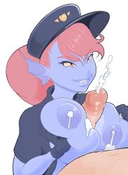 Rule 34 | 1girl, blue headwear, blue skin, breasts, colored sclera, colored skin, cum, cum on body, cum on breasts, cum on upper body, deep skin, deltarune, fins, hat, head fins, highres, lactation, large breasts, long hair, monster girl, nipples, paizuri, parkdale, penis, pointy ears, police, police uniform, policewoman, ponytail, red hair, sharp teeth, simple background, smile, teeth, uncensored, undertale, undyne, uniform, yellow sclera
