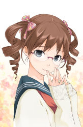 Rule 34 | 1girl, bad id, bad pixiv id, blue eyes, bow, brown hair, derivative work, drill hair, glasses, hair bow, highres, looking at viewer, maeda risou, original, own hands together, school uniform, serafuku, sleeves past wrists, smile, solo, steepled fingers, sweater, twin drills, twintails, upper body
