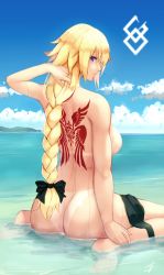 Rule 34 | 1girl, ass, back tattoo, backboob, bare back, bikini tan, blonde hair, blush, bow, braid, braided ponytail, breasts, cloud, command spell, commentary request, day, fate/apocrypha, fate (series), from behind, hair bow, hayabusa (vert 320), highres, jeanne d&#039;arc (fate), jeanne d&#039;arc (ruler) (fate), large breasts, long hair, looking at viewer, looking back, nude, ocean, outdoors, partially submerged, purple eyes, single braid, sitting, solo, tan, tanline, tattoo, very long hair, wariza, water, wet