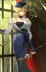 Rule 34 | 1girl, black choker, blonde hair, blue bow, blue dress, blue headwear, bow, branch, choker, closed mouth, cropped, day, dress, dress bow, druvis iii, fascinator, feet out of frame, green eyes, guaisanmu, hair over shoulder, highres, hobble dress, holding, holding wand, indoors, juliet sleeves, long hair, long sleeves, looking to the side, mistletoe, puffy sleeves, red curtains, reverse:1999, solo, standing, two-tone dress, wand, white dress, window