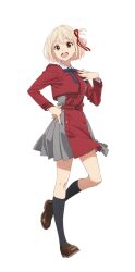 Rule 34 | 1girl, belt, black socks, blonde hair, blue ribbon, bob cut, breasts, brown footwear, collared shirt, dress, full body, grey dress, hair ribbon, hand on own chest, hand on own hip, kneehighs, loafers, long sleeves, looking at viewer, lycoris recoil, lycoris uniform, medium breasts, neck ribbon, nishikigi chisato, official art, one side up, open mouth, pleated dress, red belt, red dress, red eyes, red ribbon, ribbon, shirt, shoes, short hair, simple background, socks, solo, standing, tachi-e, teeth, transparent background, two-tone dress, upper teeth only, white shirt