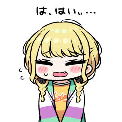 Rule 34 | 1girl, blonde hair, blush stickers, braid, chan co, chibi, closed eyes, clothes writing, commentary, fang, flying sweatdrops, fujita kotone, gakuen idolmaster, idolmaster, jacket, long hair, long sleeves, low twin braids, multicolored clothes, multicolored jacket, no nose, open clothes, open jacket, open mouth, purple jacket, raised eyebrows, shirt, simple background, solo, swept bangs, translated, twin braids, upper body, v arms, white background, white jacket