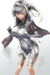 Rule 34 | 1girl, absurdres, blue eyes, blush, bodysuit, breasts, clothes writing, covered navel, damaged, gloves, grey background, grey bodysuit, hachimaki, hair between eyes, half-closed eyes, hands up, headband, highres, kantai collection, kokuzou, leaning forward, long hair, looking at viewer, medium breasts, miniskirt, one side up, open mouth, pleated skirt, sailor collar, school uniform, serafuku, silver hair, simple background, skirt, smoke, solo, suzutsuki (kancolle), tareme, torn clothes