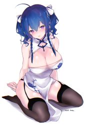 Rule 34 | 1girl, ahoge, artist name, azur lane, bare shoulders, black thighhighs, blue hair, blush, breasts, cleavage, commentary request, dated, dress, garter straps, gloves, hair between eyes, hair ribbon, large breasts, long hair, looking at viewer, mimelond, open mouth, ponytail, purple eyes, ribbon, shiny skin, simple background, sitting, solo, st. louis (azur lane), st. louis (blue and white pottery) (azur lane), thighhighs, two side up, wariza, white background, white gloves