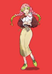 Rule 34 | 1girl, alternate costume, animal, blush, brown sweater, cat, collared shirt, contemporary, gradient hair, green eyes, green footwear, green hair, highres, holding, holding animal, holding cat, kanroji mitsuri, kimetsu no yaiba, long skirt, long sleeves, mole, mole under eye, multicolored hair, one eye closed, open mouth, pink hair, red background, shinishi chiho, shirt, shoes, signature, simple background, skirt, smile, socks, solo, sweater, tri braids, watch, white shirt, white socks, wristwatch, yellow skirt
