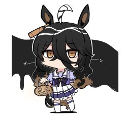 Rule 34 | 1girl, alternate eye color, animal ears, basket, black background, bow, brown eyes, chibi, commentary request, earrings, full body, hair between eyes, highres, holding, holding basket, horse ears, horse girl, jewelry, kawamochi (tddm3573), long hair, looking at viewer, manhattan cafe (umamusume), multicolored hair, no mouth, pleated skirt, puffy short sleeves, puffy sleeves, purple bow, purple shirt, sailor collar, school uniform, shirt, short sleeves, simple background, single earring, skirt, solo, streaked hair, summer uniform, thighhighs, tracen school uniform, two-tone background, umamusume, white background, white hair, white skirt, white thighhighs