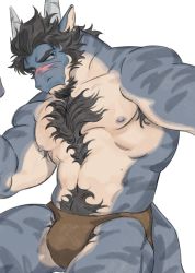 Rule 34 | 1boy, abs, bara, biceps, blue fur, briefs, brown male underwear, bulge, chest hair, dragon boy, dragon horns, dragon tail, facial hair, feet out of frame, furry, furry male, goatee, hairy, horns, korean commentary, large pectorals, looking at viewer, male focus, male underwear, mature male, muscular, muscular male, navel, navel hair, neilos, nipples, original, pectorals, short hair, sideburns, solo, stomach, tail, thick eyebrows, thick thighs, thighs, topless male, underwear, underwear only, white background