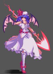 Rule 34 | 1girl, bat wings, bow, closed mouth, footwear bow, full body, grey background, hat, hat ribbon, holding, holding weapon, looking at viewer, lowres, mob cap, pixel art, potemki11, purple hair, red bow, red eyes, red ribbon, remilia scarlet, ribbon, shirt, short hair, simple background, skirt, solo, spear the gungnir, standing, tongue, tongue out, touhou, weapon, white hat, white shirt, white skirt, wings
