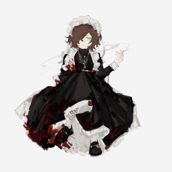 Rule 34 | 1boy, black dress, blood, blood on clothes, brown hair, cigarette, cross, cross necklace, crossdressing, crossed legs, denis (project moon), dress, hair over one eye, hand up, highres, jewelry, library of ruina, long sleeves, maid, maid headdress, male focus, medium hair, meijiichigo, necklace, project moon, simple background, sitting, smoke, solo, white background, yellow eyes