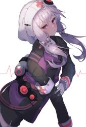Rule 34 | 1girl, armband, belt, black jacket, black skirt, blush, bow, canister, cardiogram, commentary, cowboy shot, cross, from side, gloves, glowing, hair bow, hat, heartbeat, holding own arm, jacket, leaning forward, light blush, looking at viewer, looking to the side, nurse, nurse cap, purple eyes, purple hair, red cross, short hair with long locks, sidelocks, skirt, smile, solo, vocaloid, voiceroid, white background, white gloves, yuzuki yukari, zoruboi