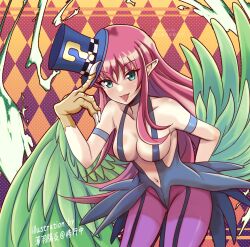 Rule 34 | 1girl, artist name, bare shoulders, breasts, claws, colored skin, duel monster, feathered wings, green eyes, harpie lady, harpie lady 1, harpy, hat, highres, holding, holding clothes, holding hat, long hair, magical hats (yu-gi-oh!), medium breasts, monster girl, pantyhose, pointy ears, red hair, slingshot swimsuit, solo, standing, swimsuit, tongue, tongue out, top hat, usuba kagerou, winged arms, wings, yu-gi-oh!
