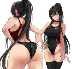 Rule 34 | 1girl, absurdres, ass, back cutout, black choker, black hair, black thighhighs, blush, breasts, choker, clothing cutout, commentary request, commission, competition swimsuit, covered navel, ear blush, earrings, groin, hair between eyes, hands on own hips, highleg, highleg swimsuit, highres, idolmaster, idolmaster shiny colors, jewelry, large breasts, long hair, looking at viewer, multiple views, one-piece swimsuit, pixiv commission, ponytail, shirase sakuya, simple background, smile, swimsuit, thigh gap, thighhighs, very long hair, white background, yoo tenchi
