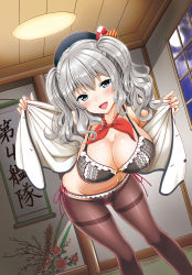 Rule 34 | 10s, 1girl, bare shoulders, black hat, black pantyhose, blue eyes, blush, bra, breasts, brown pantyhose, cleavage, collarbone, female focus, groin, hat, head tilt, highres, indoors, kantai collection, kashima (kancolle), lace, lace bra, large breasts, leaning forward, looking at viewer, open clothes, open mouth, open shirt, panties, pantyhose, ribbon, seductive smile, shirt, silver hair, smile, solo, standing, tsukimi daifuku, twintails, underwear, undressing, wavy hair