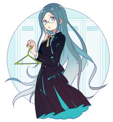 Rule 34 | 1girl, 4 (nakajima4423), black jacket, black skirt, black sleeves, blazer, blue background, blue eyes, blue hair, blue skirt, border, bow, bowtie, buttons, clothes hanger, coattails, collared jacket, collared shirt, commentary request, cropped legs, danganronpa (series), danganronpa v3: killing harmony, eyelashes, finger to cheek, glasses, holding, holding clothes hanger, jacket, layered sleeves, locker, long hair, long skirt, long sleeves, open mouth, orange bow, orange bowtie, outside border, pleated skirt, round border, round eyewear, shirogane tsumugi, shirt, skirt, socks, solo, two-sided fabric, two-sided skirt, two-tone background, very long hair, white background, white socks