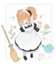 Rule 34 | 1girl, :d, alternate costume, apron, black dress, blunt bangs, blush, breasts, broom, closed eyes, collar, cup, dot nose, dress, enmaided, flower, fork, frilled apron, frilled collar, frills, from above, hand up, highres, idolmaster, idolmaster (classic), idolmaster million live!, idolmaster million live! theater days, knife, loafers, long sleeves, maid, maid apron, maid headdress, mug, musical note, open mouth, orange hair, plate, puffy sleeves, ririyu zz, shoes, sidelocks, small breasts, smile, socks, solo, spoon, standing, star (symbol), takatsuki yayoi, twintails, watering can, wavy hair, white apron, white collar, white socks