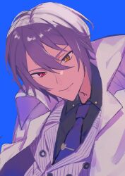 Rule 34 | 1boy, black shirt, blue background, closed mouth, grey hair, grey vest, heterochromia, highres, jacket, looking at viewer, mahoutsukai no yakusoku, male focus, necktie, owen (mahoutsukai no yakusoku), piza-chan, purple necktie, red eyes, shirt, short hair, smile, solo, striped clothes, striped vest, vest, white jacket, yellow eyes