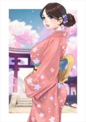 Rule 34 | 1girl, blush, breasts, brown eyes, brown hair, cherry blossoms, chichimaro, falling petals, floral print, flower, hair bun, hair flower, hair ornament, japanese clothes, kimono, large breasts, lips, long sleeves, looking at viewer, original, outdoors, parted lips, petals, pink kimono, print kimono, sash, smile, solo, stairs, stone stairs, torii, tree, wide sleeves