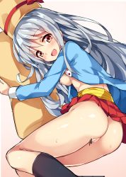 Rule 34 | 1girl, :d, ass, bar censor, blush, breasts, censored, cleft of venus, hat, highres, legs, long hair, looking at viewer, lying, mascot, nipples, open mouth, original, pussy, red eyes, red skirt, silver hair, skirt, smile, socks, solo, umami-chan, unacchi (nyusankin), yaokin