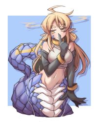Rule 34 | 1girl, ahoge, bare shoulders, blush, borrowed character, breasts, closed mouth, elbow gloves, finger to mouth, gloves, halo, index finger raised, lamia, large breasts, long hair, looking at viewer, midriff, monster girl, navel, original, pointy ears, scales, shushing, sleeveless, slit pupils, smile, snake, solo, thick eyebrows, zawa (zawzawranran2)