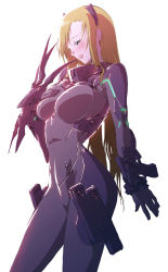 Rule 34 | 00s, 1girl, :p, ;p, android, armor, blonde hair, blush, bodysuit, breasts, breasts squeezed together, brown hair, claws, cyborg, due (nanoha), green eyes, gun, hair ornament, highres, i-iv (longman), large breasts, long hair, lyrical nanoha, mahou shoujo lyrical nanoha, mahou shoujo lyrical nanoha strikers, numbers (nanoha), one eye closed, simple background, skin tight, solo, tongue, tongue out, wadatsumi garland, weapon