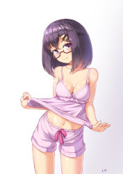 Rule 34 | 1girl, absurdres, bare shoulders, black hair, breasts, camisole, camisole lift, cleavage, clothes lift, glasses, hair ornament, hairclip, highres, kemo (pokka), lifted by self, looking at viewer, medium breasts, navel, original, pink camisole, pink shorts, purple eyes, purple hair, short hair, shorts, sleepwear, smile, solo, standing