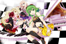 Rule 34 | 3girls, alternate color, blonde hair, blue eyes, exit tunes, flute, fujima takuya, grand piano, green eyes, green hair, gumi, highres, ia (vocaloid), instrument, long hair, mayu (vocaloid), multiple girls, one eye closed, parted lips, piano, pink hair, short hair, stuffed animal, stuffed rabbit, stuffed toy, usano mimi, vocaloid