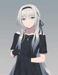 Rule 34 | 1girl, absurdres, an-94 (girls&#039; frontline), aqua eyes, bare shoulders, black dress, black gloves, black hairband, black ribbon, braid, closed mouth, commentary, dress, dress straps, english commentary, expressionless, eyebrows, girls&#039; frontline, gloves, grey background, hair ornament, hair over shoulder, hair ribbon, hairband, head tilt, highres, jewelry, long dress, long hair, looking at viewer, necklace, off-shoulder dress, off shoulder, own hands together, pendant, platinum blonde hair, ribbon, short sleeves, sidelocks, simple background, solo, the void to fly, very long hair