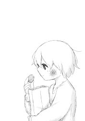 Rule 34 | 1boy, avogado6, bag, bruise, bruise on face, food, greyscale, highres, holding, holding food, injury, male focus, monochrome, original, paper bag, short hair, solo, white background