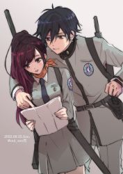 Rule 34 | 1boy, 1girl, arm around shoulder, atlus, belt, belt buckle, black hair, blue necktie, blush, breasts, brown eyes, buckle, dated, earrings, facing another, facing away, grey jacket, grey pants, grey skirt, gun, gun on back, hair between eyes, hand on sword, hand up, hands up, height difference, high ponytail, highres, holding, holding map, jacket, jewelry, kirishima eriko, long hair, looking at map, looking down, map, matching hair/eyes, medium breasts, necktie, orange scarf, oui zen, pants, parted lips, persona, persona 1, pointing, ponytail, purple eyes, purple hair, rifle, scabbard, scarf, school uniform, sheath, sheathed, short hair, single earring, skirt, st. hermelin school uniform, standing, sword, teeth, toudou naoya, uniform, watermark, weapon, weapon on back
