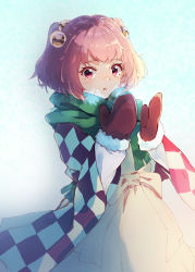 Rule 34 | 1girl, :o, absurdres, beige dress, breath, checkered cape, cowboy shot, dutch angle, fur trim, gradient background, green scarf, hair bobbles, hair ornament, hands up, highres, looking at viewer, mittens, motoori kosuzu, outdoors, pink eyes, pink hair, red mittens, scarf, short hair, simple background, solo, standing, tamiku (shisyamo609), touhou, two side up, winter clothes