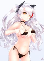 Rule 34 | 1girl, antenna hair, azur lane, bikini, black bikini, blush, breasts, choker, closed mouth, collarbone, covered erect nipples, flag print, german flag bikini, gluteal fold, hair ribbon, heart, heart-shaped boob challenge, heart hands, highres, infinote, large breasts, long hair, looking at viewer, mole, mole on breast, multicolored hair, navel, orange eyes, prinz eugen (azur lane), prinz eugen (unfading smile) (azur lane), ribbon, side-tie bikini bottom, silver hair, simple background, smile, solo, swimsuit, twintails, two side up, very long hair, white background