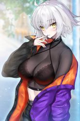 Rule 34 | 1girl, ahoge, alternate costume, black bra, blush, bra, breasts, cleavage, ero waifu, eyes visible through hair, fate/grand order, fate (series), finger to mouth, highres, jacket, jeanne d&#039;arc (fate), jeanne d&#039;arc alter (avenger) (fate), jeanne d&#039;arc alter (fate), large breasts, looking at viewer, midriff, off shoulder, open clothes, open jacket, parted lips, see-through, short hair, silver hair, solo, underwear, yellow eyes